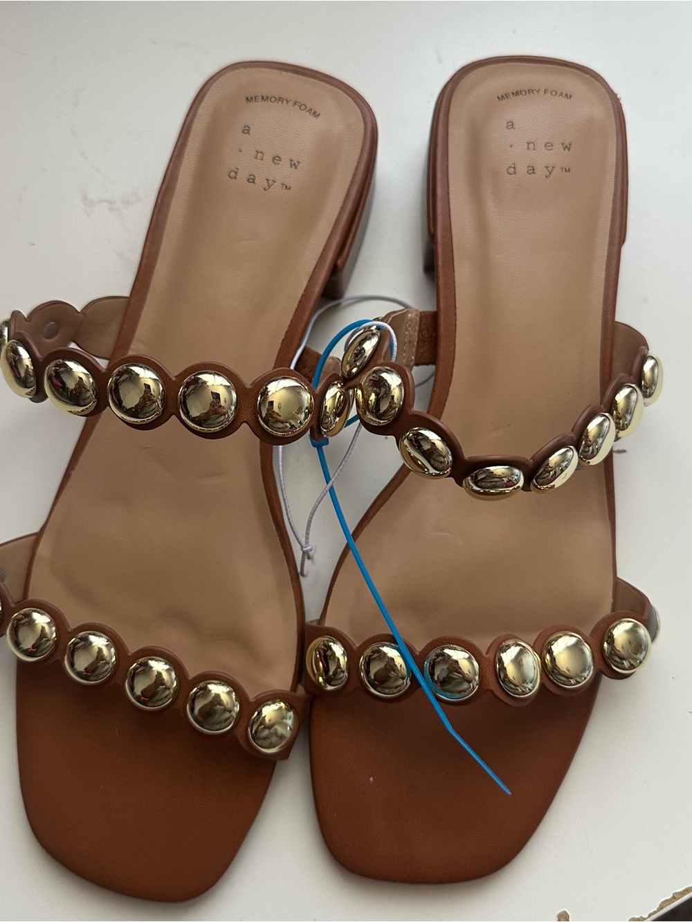 a new day Tan Slide Sandals with Gold Stud Accents size 8.5